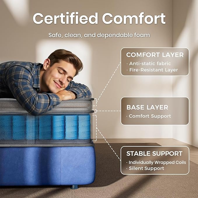 Queen Mattress 14" Hybrid Mattress - Medium-Plush Support - Made in USA - Individually Pocketed Coils & CertiPUR-US Foam - Fiberglass-Free - Bed in a Box
