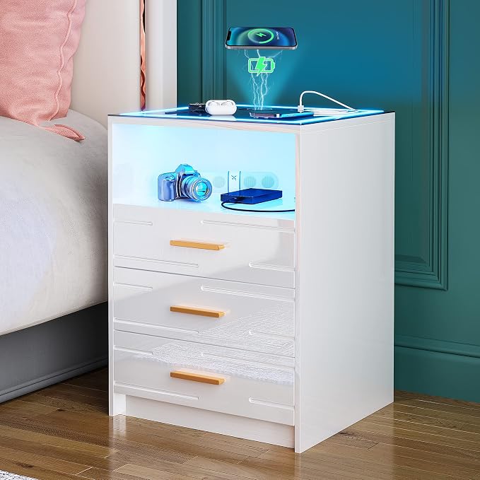 Lvifur LED Nightstand Set of 2 with Wireless Charging Station and USB&Type-C Ports for Bedroom White,3 Color Dimmable Bedside Table with Touch Screen for Office - Image 7