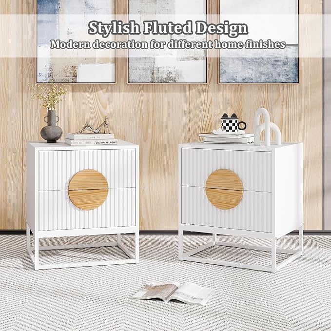 Giantex Fluted Nightstand with 2 Drawers Set of 2, White Wood Bedside Table with Natural Circle Handle & Metal Frame, Minimalist Accent End Table, Modern Mid Century Night Stand for Bedroom - Image 4