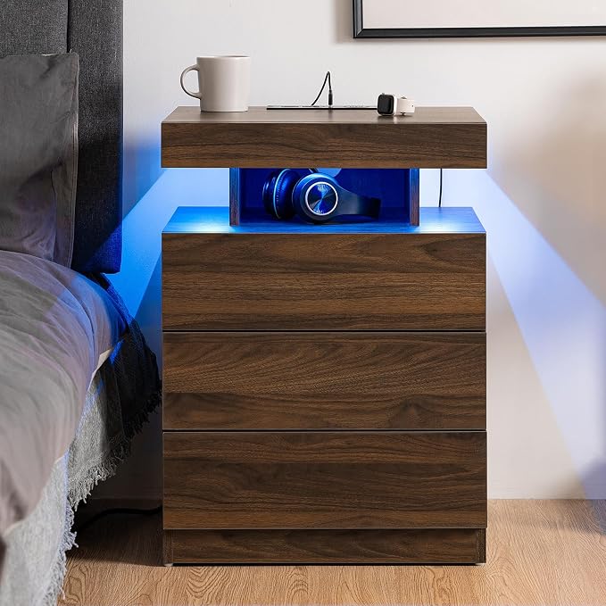 HOMMPA Nightstand with Charging Station and LED Light, Smart Nightstand with USB Port & Wireless Charging, Modern Night Stand with 3 Drawer, Rustic Beside Table for Bedroom, Walnut - Image 6