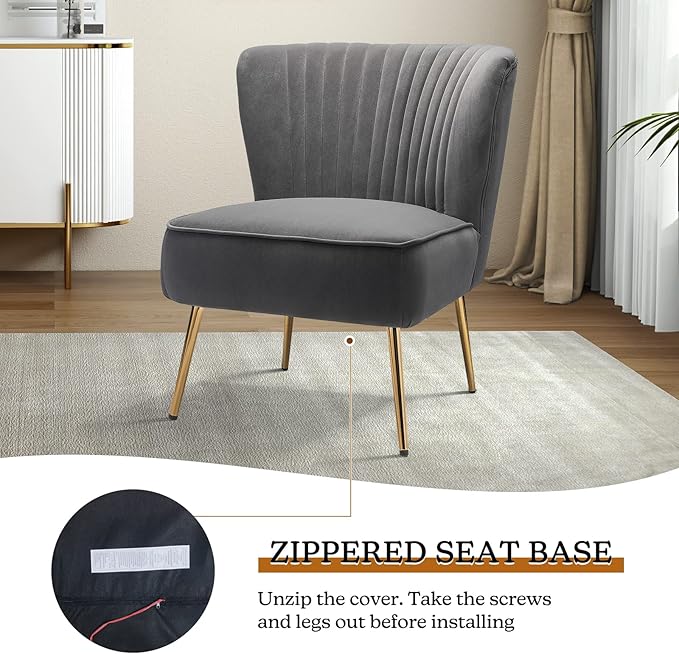 HULALA HOME Velvet Accent Chair, Modern Upholstered Cute Side Chair with Gold Metal Legs, Armless Wingback Slipper Chair Comfy Living Room Chair for Bedroom Guest Room Vanity, Grey