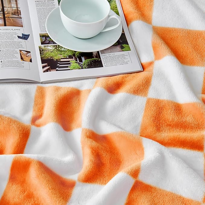 Edenleaf Orange Checkered Blanket, Soft Cozy Fleece Checkered Throw Blankets for Bed Sofa Couch Camping, Ultra Fluffy Throws for All Seasons, 50x60 Inch, Orange