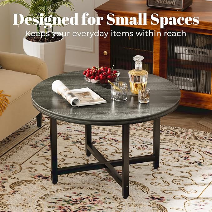Round Coffee Table, Small Coffee Tables for Living Room, Wood Coffee Table with Metal Frame, Floor Table Desk for Sitting on The Floor, Home, Office, Farmhouse, Dark Gray (23.6" D x 17.7" H)