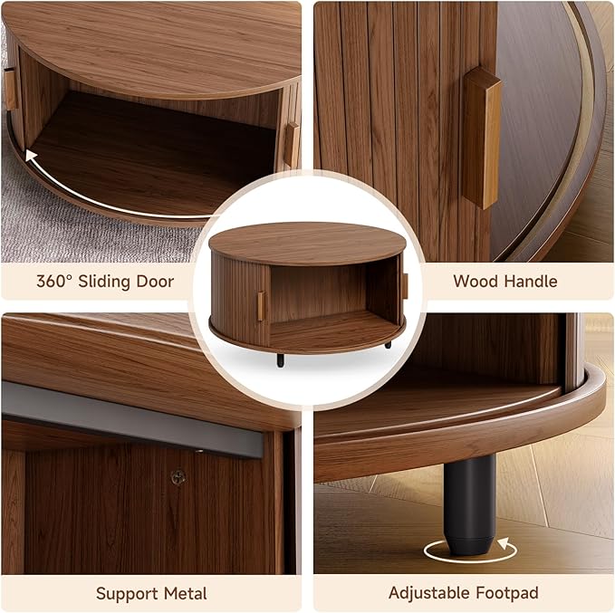 ONBRILL Round Coffee Table with Storage, 31.5" Modern Coffee Table with 360° Curved Sliding Door, Fluted Wood Accent Coffee Table with Adjustable Footpads, Round Center Table for Living Room, Walnut