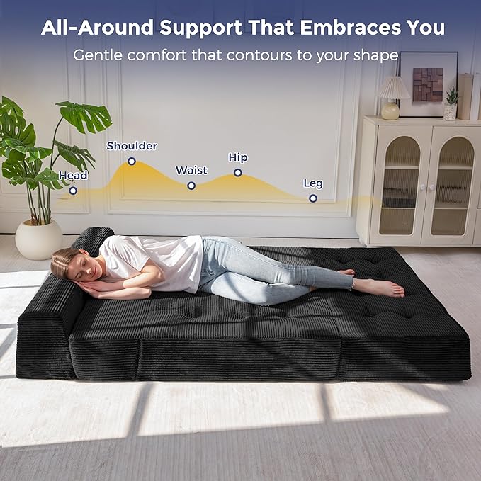 MAXYOYO 8" Folding Sofa Bed, Convertible Sleeper Sofa Lounger Foldable Mattress, Wedge Shape Floor Couch Tufted Fold Out Chair Bed Comfy Floor Couch Lounge for Living Room Bedroom, Loveseat, Black