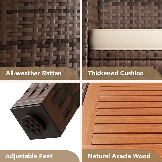 Devoko Outdoor Patio Dining Sets 9 Pieces Wicker Outdoor Dining Table and Chairs Set with Acacia Wood Table Top and Widened Armrests for Backyard, Garden, Deck (Brown) - Image 8
