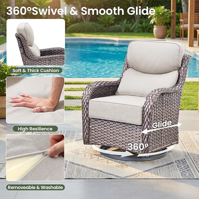 Luxury Patio Furniture Set with 6-inch Thick Cushion, Outdoor Furniture with Fire Pit Table, Swivel Chairs, Sofa, Side Table, Ottomans, 7pcs Wicker Conversation Set for Deck Yard and Poolside(Beige)