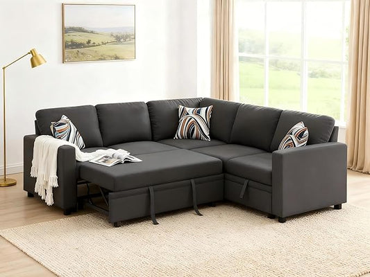 Sectional Sleeper Sofa with Pull Out Bed, L Shape Convertible Couch with Storage Chaise, Comfy Sleeper Couch, 2 in 1 Pull Out Sofa Bed with 5 Seats, for Living Room, Apartment, Black Gray