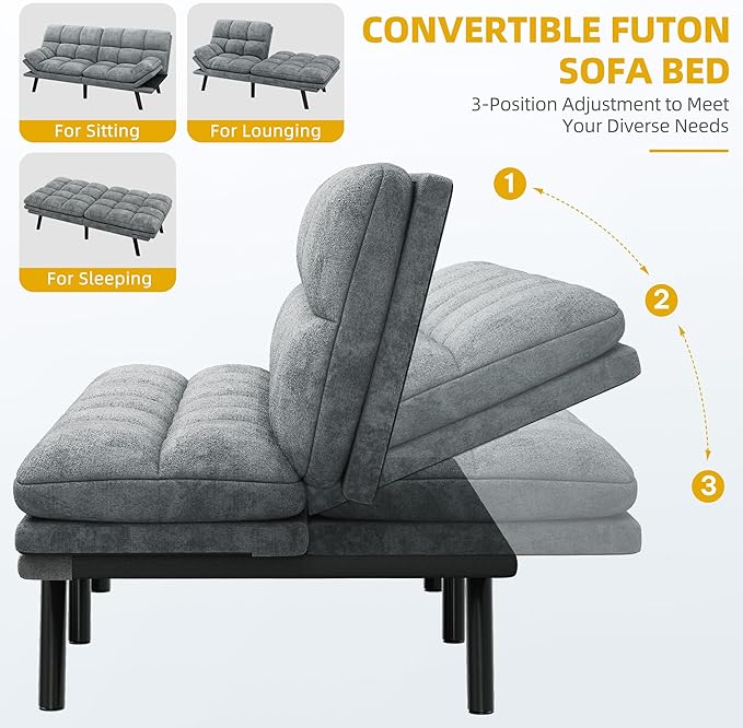 DWVO 70" Convertible Futon Sofa Bed, Folding Futon Set for Living Room Home Office Aprtment, Modern Futon Couch with Adjustable Backrest & Armrests, Recliner Lounge, Loveseat Sofa