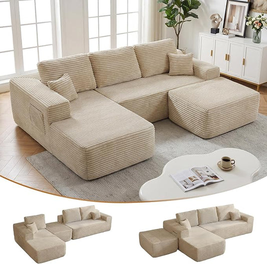 104" Boneless Modular Sectional Sofa with Reconfigurable U-Shaped Layout, No Assembly Required Compressed Sofa, Deep Seat Seating with Ottoman for Living Room, Bedroom, Apartment Beige Left