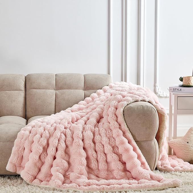 50x60 Inches Ultra-Soft Fuzzy Faux Fur Plush Throw Blanket - Thick, Warm Sherpa for Couch, Sofa, Bedroom, Camping - Decorative Blanket for Cozy Warmth, Bubble Pink