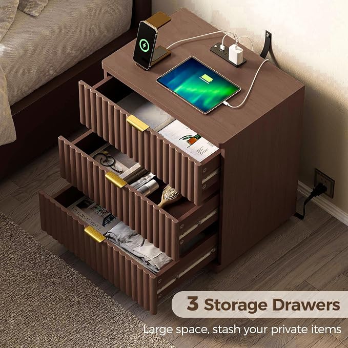 Nightstand with Charging Station, Wood Night Stand with 3 Drawers Storage Bedside Table Large Fluted Bed Side End Table, Modern Nightstand for Bedroom Living Room (Walmut) - Image 6