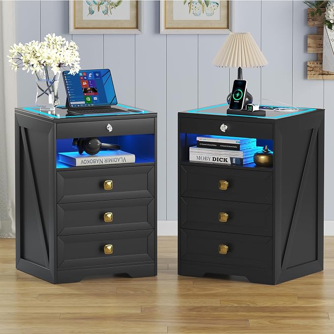 Lvifur 2 Set LED Nightstand with 3 Drawers, Glass Top Bedside Table with Wireless Charging Station, Modern Night Stand with Auto Sensor, Bedroom Smart End Table (Blackx2) by LVifur