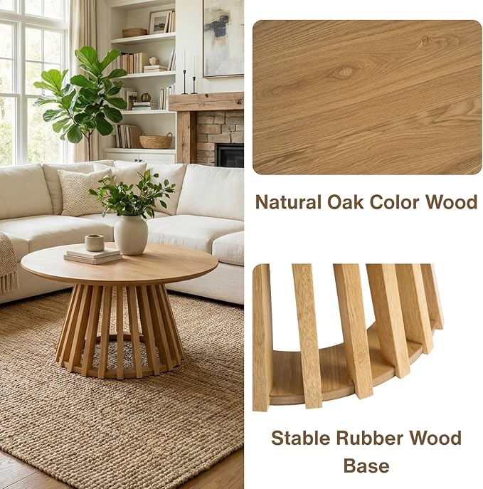 LukeAlon 24" Round Coffee Table, Mid Century Modern Wooden Center Table with Columnar Wood Strips Base Sofa Side Table Circle Tables for Living Room Small Space,Oak Color