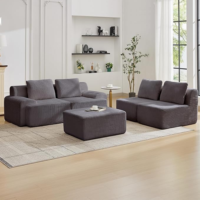 Modular Sectional Sofa with Movable Ottoman, 4 Seat Deep Seat Couch with 4 Pillows, Comfy Cloud Sectional Sofa for Living Room, Bedroom and Apartment (Grey, 2 Left+2 Right+1 Ottoman)
