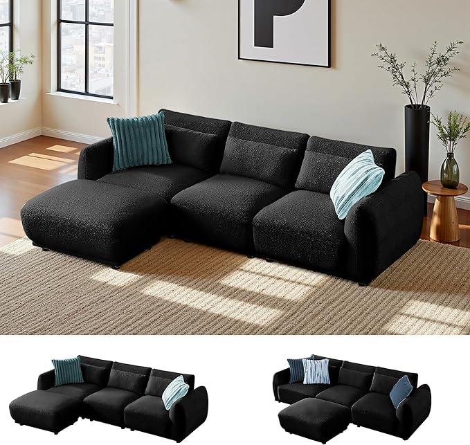 Sectional Sofa Couch, Modern U Shaped Sectional Couch with Ottoman, Modular Sectional Sofa Cloud Couches for Living Room (Black, 3 Set + 1 Ottoman)