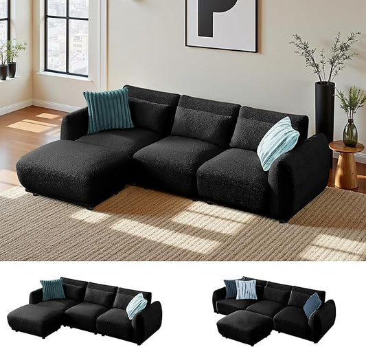 Sectional Sofa Couch, Modern U Shaped Sectional Couch with Ottoman, Modular Sectional Sofa Cloud Couches for Living Room (Black, 3 Set + 1 Ottoman)