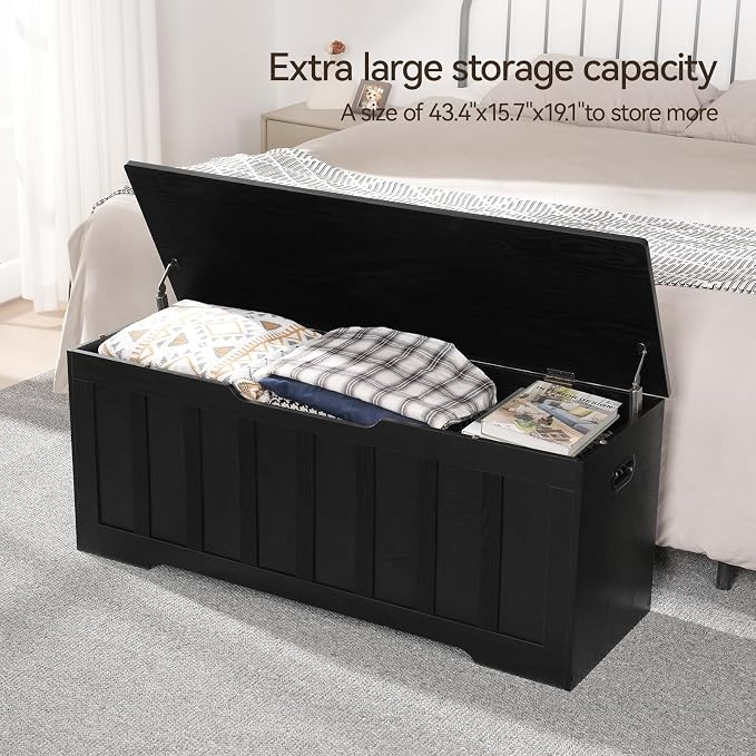 VANKILEY 47.2" Storage Chest Extra Large,Storage Trunk with 2 Safety Hinges,Wooden Storage Bench,Shoe Bench,47.2x15.7x19.1 Inch,Easy Assembly,Storage Bench for Bedroom,Living Room,entryway(Black). - Image 4