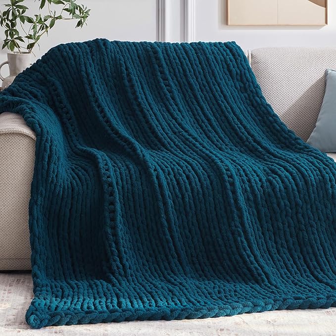 Negwoo Chunky Knit Throw Blanket, 80''*90'' Knitted Throw Chenille Yarn for Bed Couch, Handmade Peacock Blue Crochet Big Thick Blanket, Machine Washable Cute Comfy Blanket for Home Decor