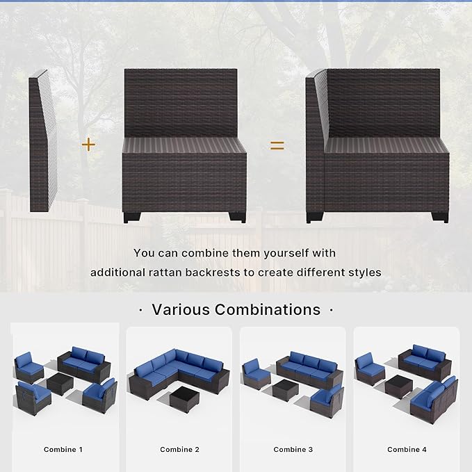 Gotland 9 Pieces Patio Furniture Set with 2 Swivel Chairs, 7-Seater Patio Furniture in 4 Combinations with Wide Armrests 29.5'' High Backrest, Wicker Outdoor Sectional for Deck Garden Pool Navy
