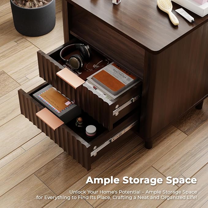 Fluted Nightstand with Charging Station, 2 Drawers Storage Bedside Table, Solid Wood Modern Nightstand with Open Shelf, Curved Profile Design, End Table for Indoor Room Bedroom Office, Walnut - Image 4