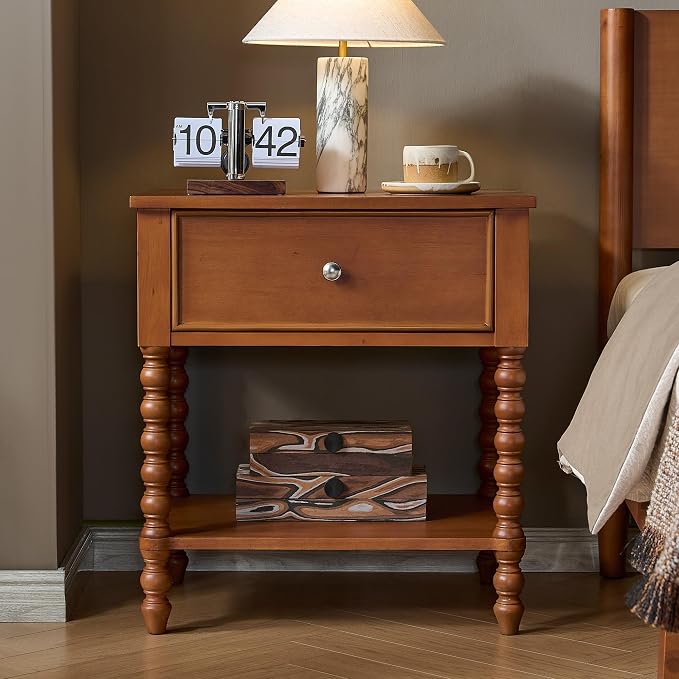 AMERLIFE 24" Walnut Nightstand Set of 2, Vintage Bedside Table for Bedroom, Solid Wood Night Stand with Turned Legs, End Table with Drawer & Open Shelf, Brown Walnut Finish - Image 3