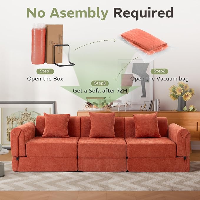 100" Convertible Sleeper Sofa Bed, Oversized Modular Sectional Cloud Sofa with Fixed-Shape Frame & Tabletop, Boneless Couch with Storage Pocket for Living Room, No Assembly Required, Orange