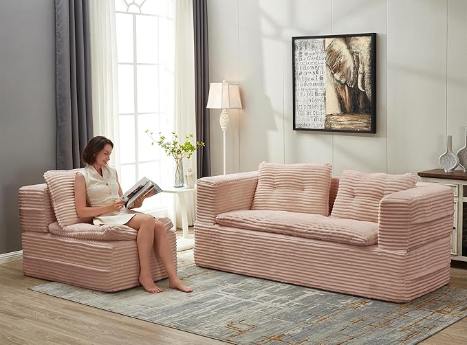 80" Convertible Sectional Sofa Bed, 3-in-1 Folding Floor Couch with Convertible Chaise Lounge, Plush Corduroy Sleeper Sofa for Living Room and Bedroom, No Assembly Required (Dusty Pink)
