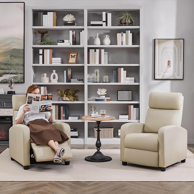 Topeakmart Fabric Recliner Sofa Push Back Recliner Chair Adjustable Modern Single Reclining Chair Upholstered Sofa with Pocket Spring Living Room Bedroom Home Theater Beige