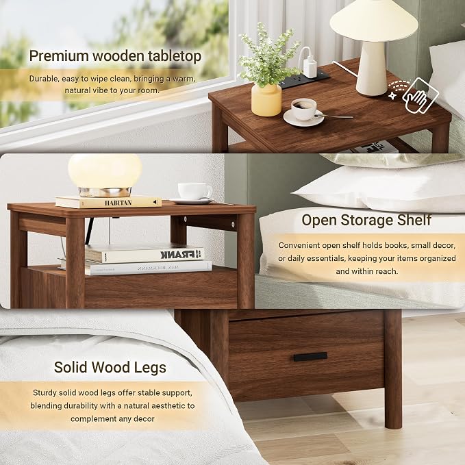 Night Stand Set 2, 20" Wide Nightstands Set of 2, Modern Nightstand with Charging Station, 2 Drawer Wooden End Table with Solid Round Post Legs, Bedside Table w/Storage for Bedroom, Walnut - Image 3