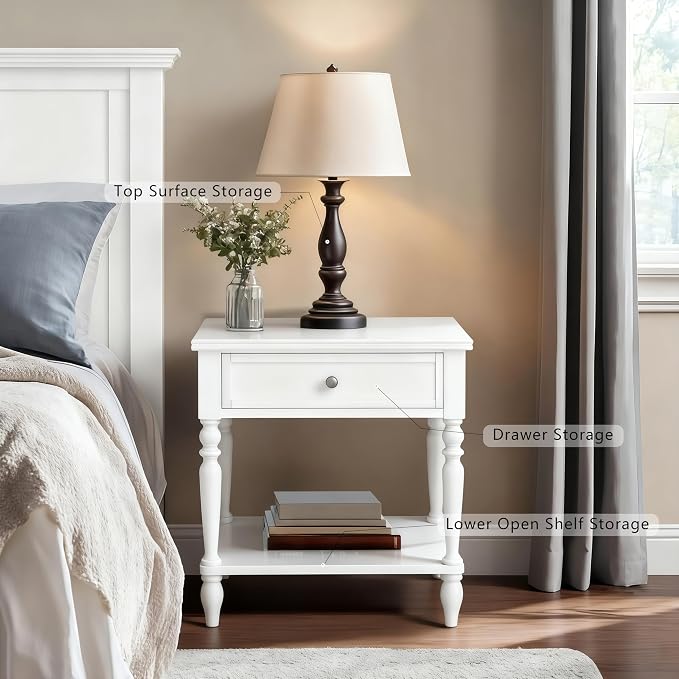 Solid Wood Nightstand with Charging Station, Traditional End Table with Drawers and Open Shelf, Bedside Table with Storage, Modern Side Table for Bedroom Set of 2, White - Image 5