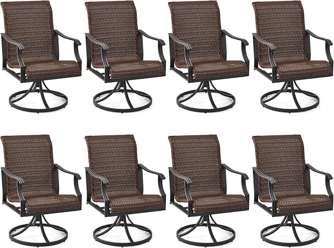 EROMMY Patio Wicker Swivel Chair Set of 8, Heavy Duty Outdoor Dining Chair with 23.5'' High Back, Extra-Large Water-Fall Seat, Rattan Porch Gentle Rocker for Outside, Garden, Backyard by EROMMY