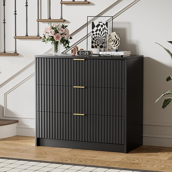 Furniway Black Dresser Bedroom Set 3 Pieces, Nightstands Sets of 2, 8 Drawer Dresser with Gold Handles for Bedroom