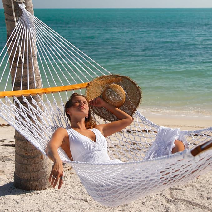 GAFETE Single Rope Hammocks for Outside, Traditional Hand Woven Cotton Hammock with Hardwood Spreader Bar, Max 450 lbs Capacity (Natural Beige, Small) - Image 2