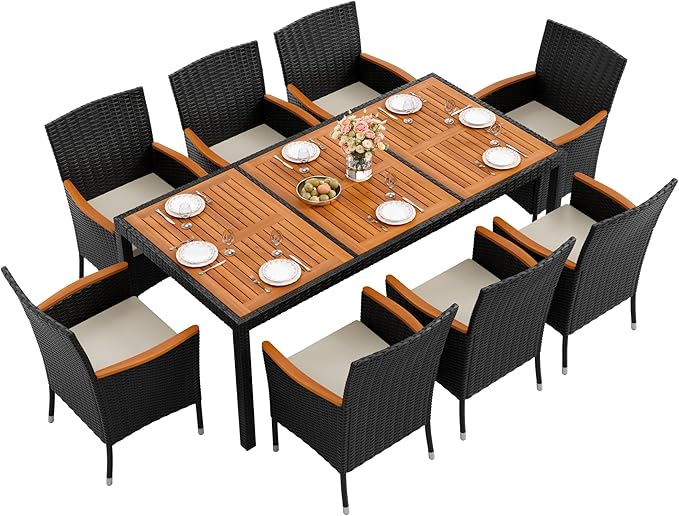 Flamaker 9 Piece Patio Dining Set Outdoor Acacia Wood Table and Chairs with Soft Cushions Wicker Patio Furniture for Deck, Backyard, Garden by Flamaker