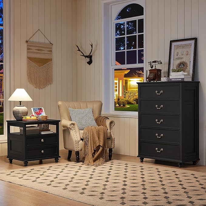 Joaxswe 24" Wide Farmhouse Nightstand with Charging Station Set of 2, 45" Tall Rustic Chests of 5 Drawers w/ 4 Solid Wood Feet, Farmhouse Furniture Series for Living Room,Bedroom,Black