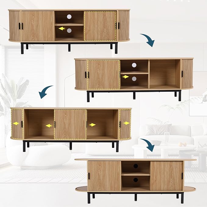 FurSch 62" Tambour Door TV Stand,Wood Mid Century Modern TV Cabinet for Up to 75“ TV,Curved Edge Long TV Stand with Storage for Bedroom Living Room (Natural, 62.2inch) - Image 3