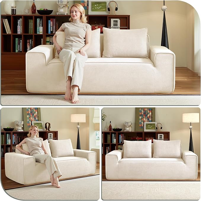 3 Seater Boneless Couch, Modern Foam Sofa in One Box, Comfy Deep Seat Sofa with 2 Pillows, Cloud Couch for Apartment, Office, No Assembly Required (White, Velvet)