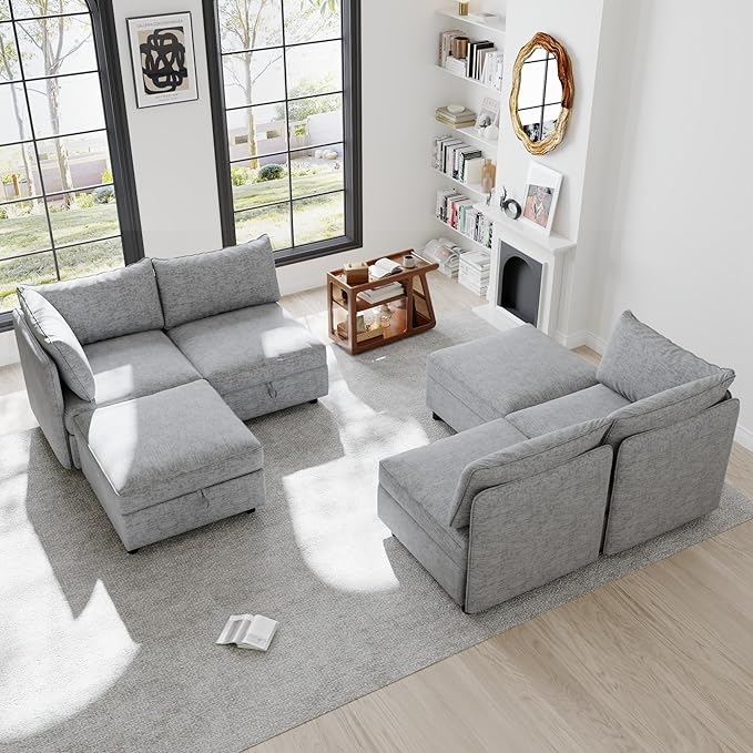 Oversized Modular Storage Sectional Sofa Customizable Seating Group Sofa&Couch Convertible Sleeper Sofabed with Movable Ottomans and Seat, U-Shaped Chenille Upholstered Sofa Couch for Living Room
