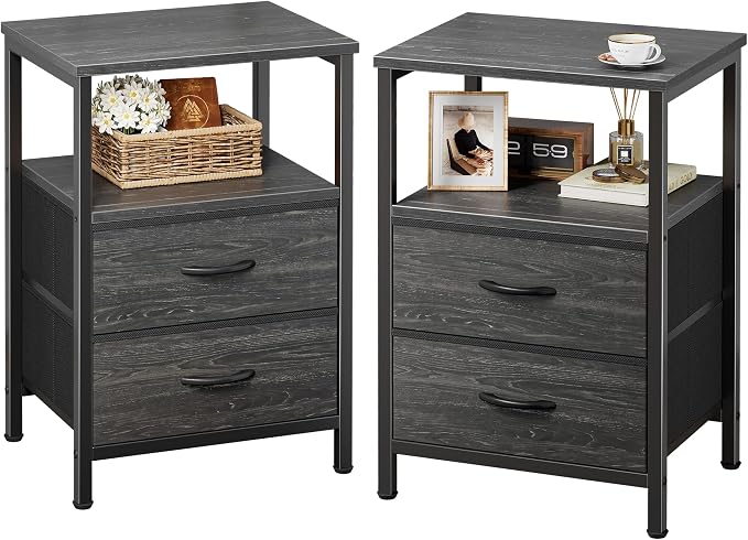 Huuger Night Stand Set of 2, Nightstand with 2 Drawers, Bed Side Table with Open Shelf, Wooden Top, End Table, Fabric Drawer with Charcoal Black Wood Grain Print, for Bedroom by Huuger