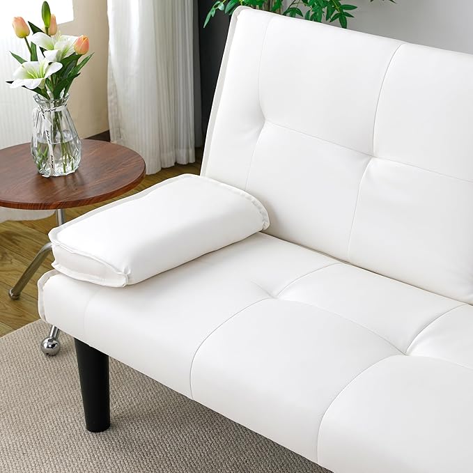 KEIKI 67" Convertible Sofa Bed with Cup Holder, 3 in 1 Futon Sleeper Sofa Chair, PVC Upholstered Sofa for Living Room or Office, White