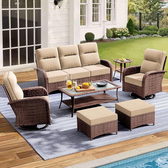 Patio Furniture Set with 6-Inch Thick Cushions, High Back Outdoor Swivel Rocker Chairs and Patio Couch, 7-Piece Easy Assembly Conversation Set for Porch Deck Pool Yard in Beige
