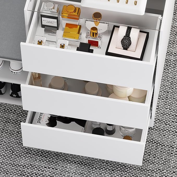 Homsee Wardrobe Armoire Closet with Bench, Walk-in Closet Island Dresser with Glass Top, 9 Drawers & Shoe Shelves, Modern Wooden Wardrobe Storage Cabinet for Bedroom, Fitting Room & Shops, White