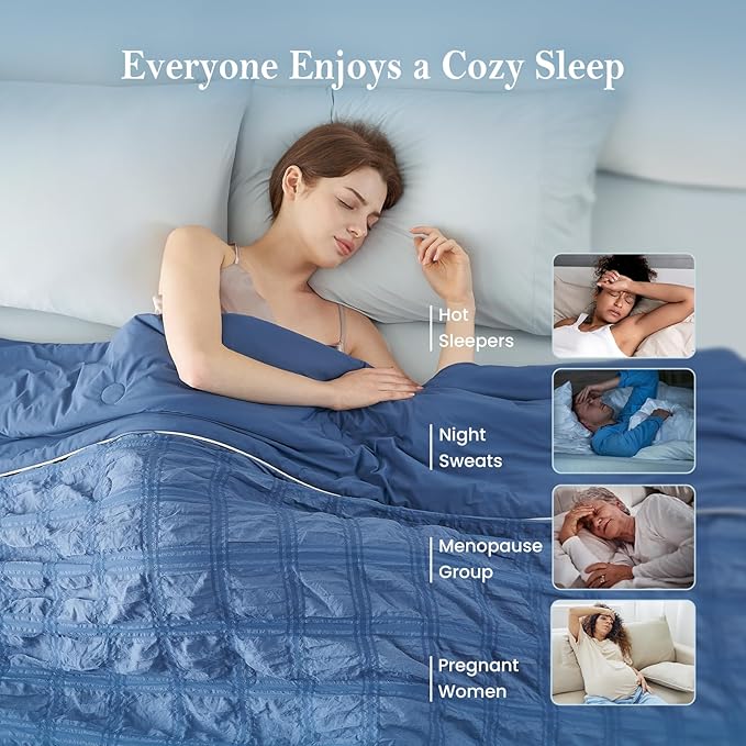 Cozy Bliss Cooling Comforter Seersucker Plaid Queen Size, Q-Max 0.45 Lightweight Cooling Blanket, Breathable Silk Smooth Summer Bedding Quilt for Hot Sleepers Night Sweats Denim Blue