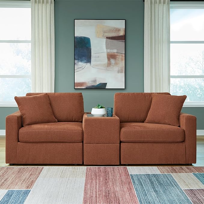 Signature Design by Ashley Modmax Urban Modular Stain Resistant 3-Piece Sectional with Storage Console, Drawer and 2 Accent Pillows, Orange