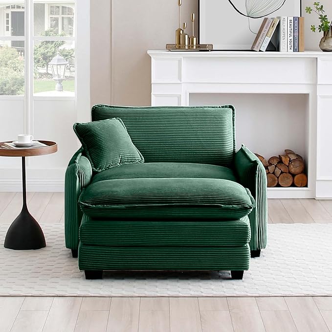 KEIKI 46" Oversized Corduroy Modular Sectional Single Sofa with 1 Ottoman, High-Density Foam Cushions, Removable Armrest, Upholstered 1-Seater Lounge Accent Chair with 1 Pillow, for Living Room, Green