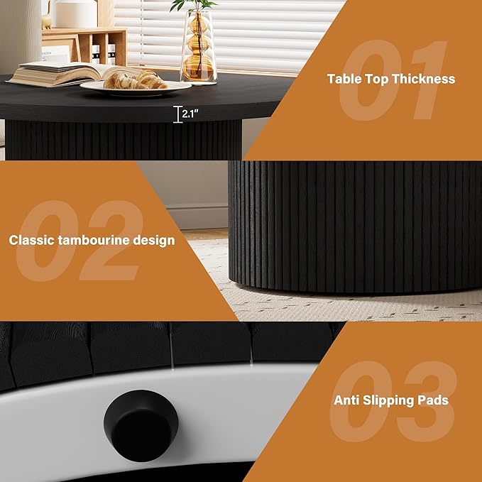 Round Coffee Table, 35.4" Circle Wide Coffee Table, Wood Table and Center Table for Living Room, Black