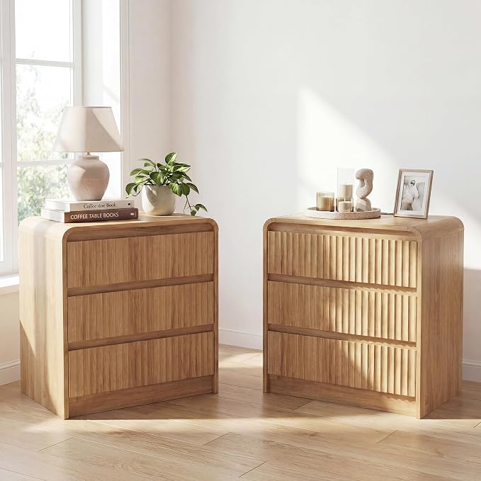 Seang Nightstand Set of 2,Fluted Nightstand with Charging Station,Wooden Bedside Table with Curved Profile Design,3 Drawers Storage,Large End Table for Bedroom,Natural. by Seang