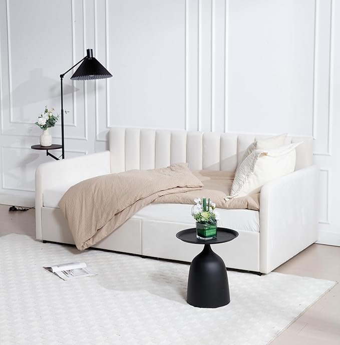 Christopher Knight Home Flora Twin Size Upholstered Daybed with 2 Drawers, Futon Sofa Bed with Storage, Lavish Design Ribbed Tufted Backrest, Couch Bed Frame for Bedroom Living Room, Beige Velvet