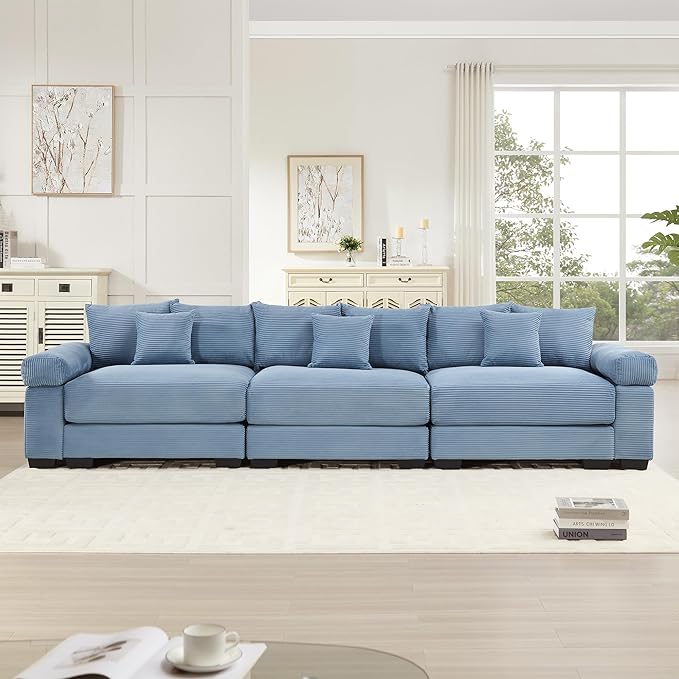 KEIKI 130" Oversized Corduroy Modular Cloud Sectional Sofa with High-Density Foam Cushions, Extra-Thick Armrest, Upholstered Modern 3-Seater Fluffy Corner Couch with 9 Pillow, for Living Room, Blue